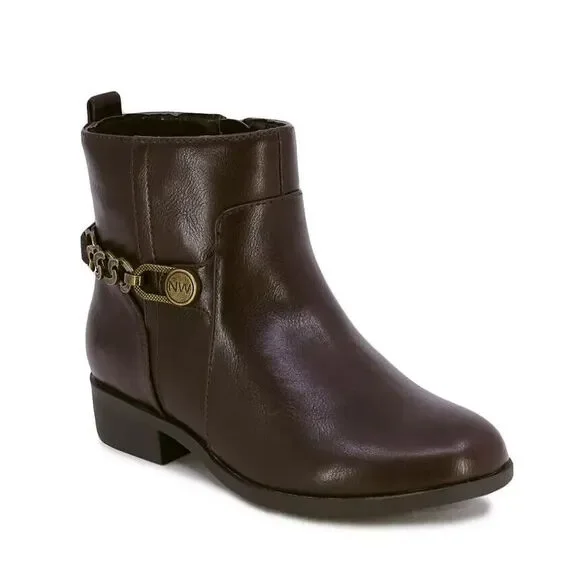Nine West Amara Bootie Little Girls 2M Brown Almond Toe Block Heel Zip Closure~ - Picture 1 of 15